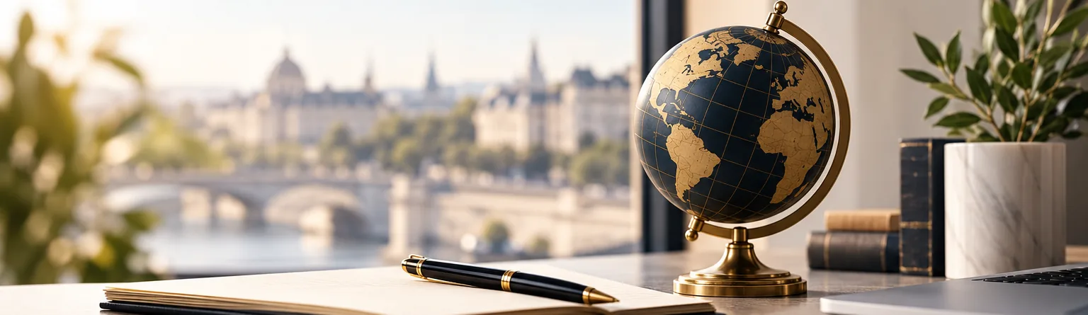 Bureau de travail avec globe, carnet et stylo, évocation de la traduction internationale